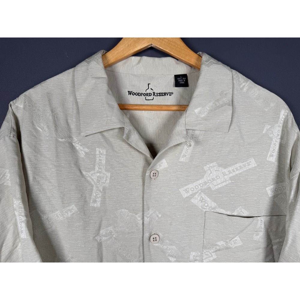 Woodford Reserve Winery Mens Large Silk Button Down Shirt Tan Short Sleeve